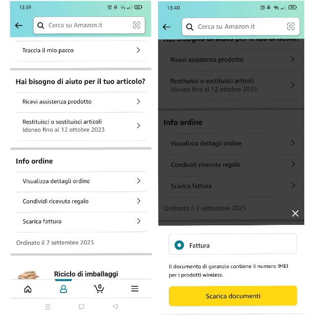 Fattura app Amazon