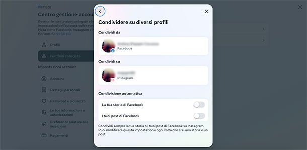 Come togliere condivisione automatica Instagram Facebook PC