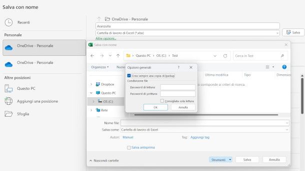 attivazione backup Excel 