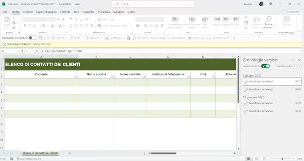 ripristino versione Excel su PC da OneDrive