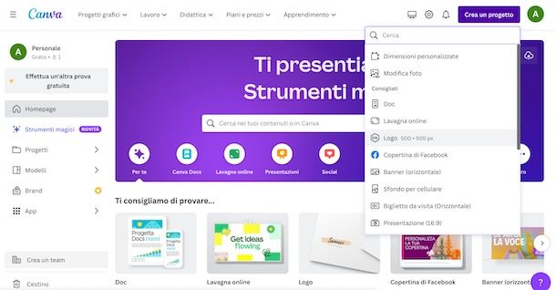 Creare un nuovo progetto su Canva