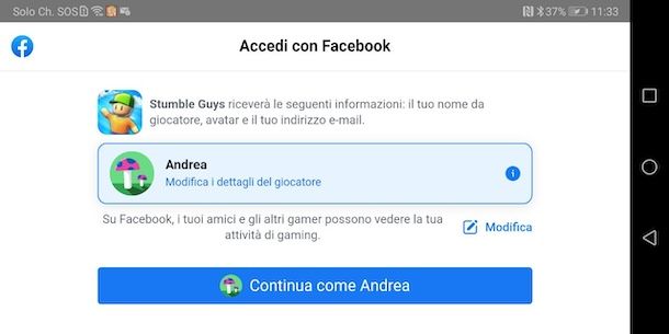 Recuperare account Stumble Guys con Facebook