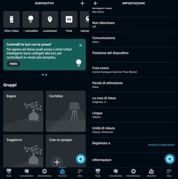 schermate app Alexa selezione dispositivi