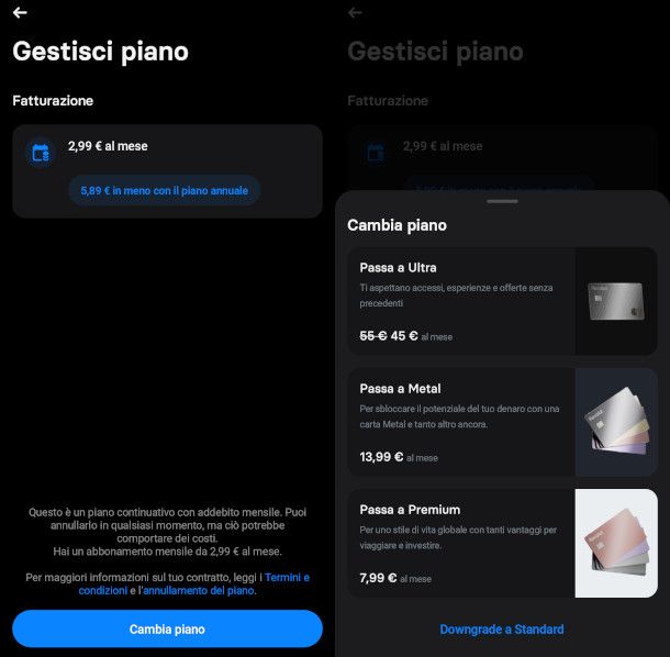 downgrade piano Standard app Revolut