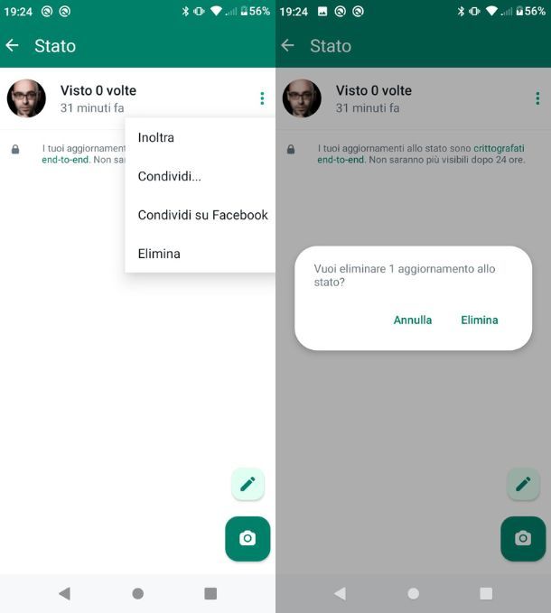 Cancellare il proprio stato WhatsApp