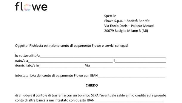 Modulo chiusura conto Flowe