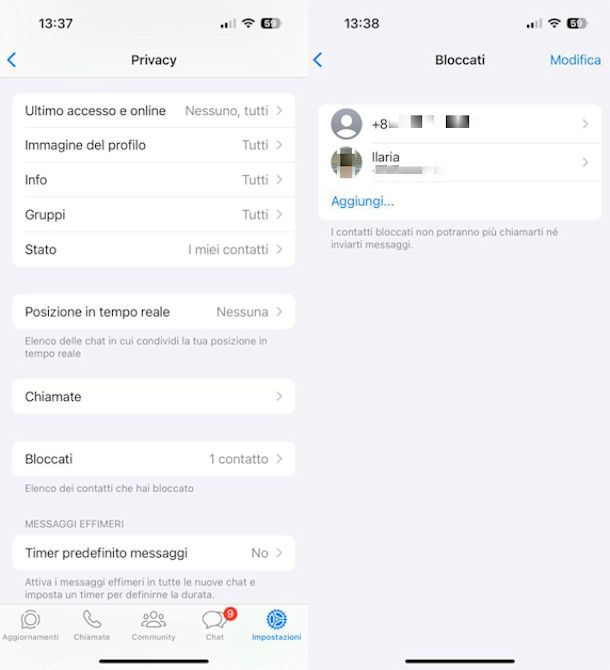 Come bloccare contatto WhatsApp su iPhone