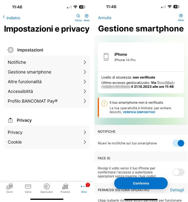 Come mettere Face ID su app Intesa Sanpaolo