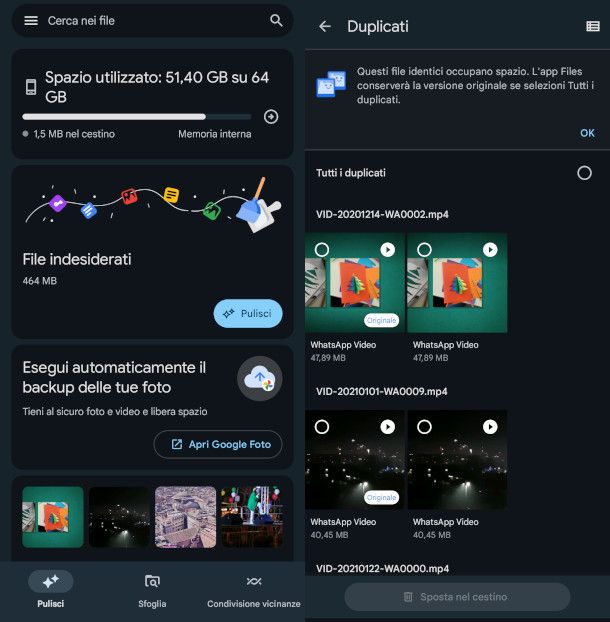 eliminazione video doppi da app Files