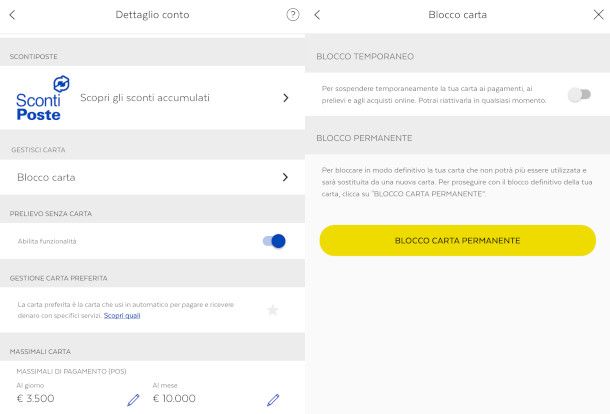 Blocco carta BancoPosta da app