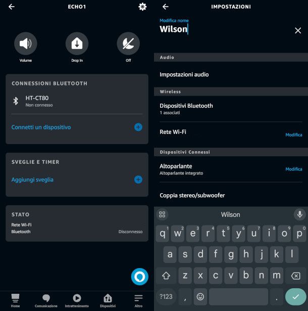 modifica nome dispositivo Alexa da app