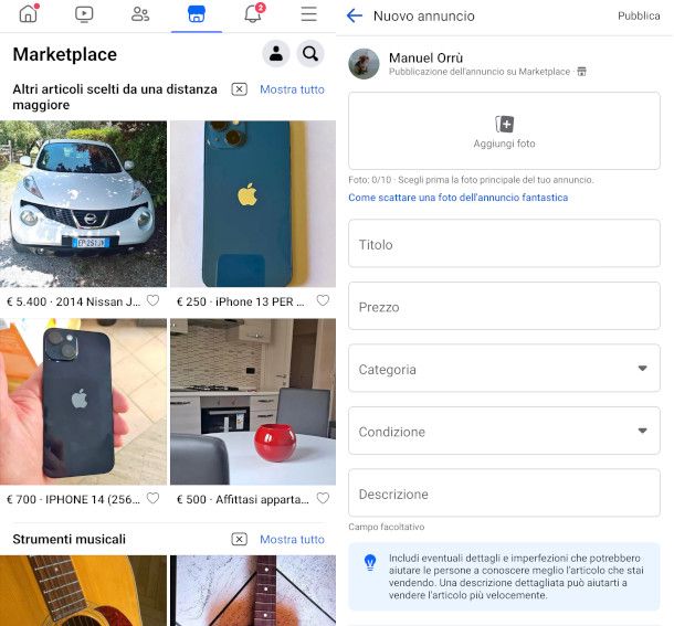 schermate app Facebook sezione Markeplace