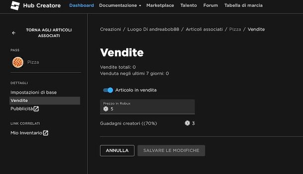 Vendita di Pass su Roblox