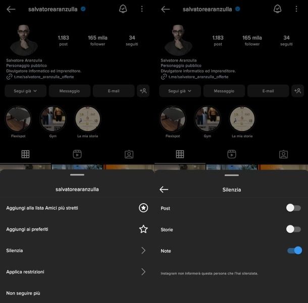 Instagram silenziare note