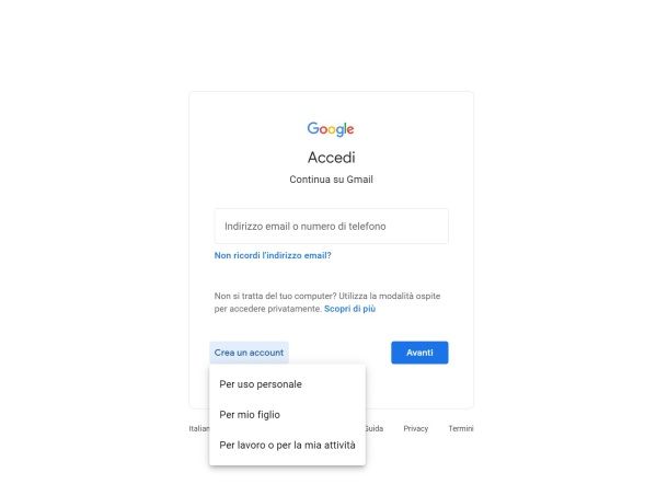 creare account gmail