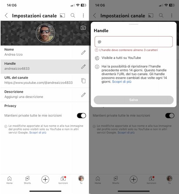 Cambiare Handle su YouTube