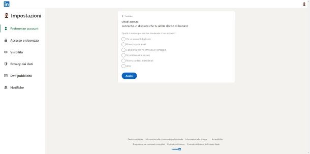 Eliminazione account LinkedIn