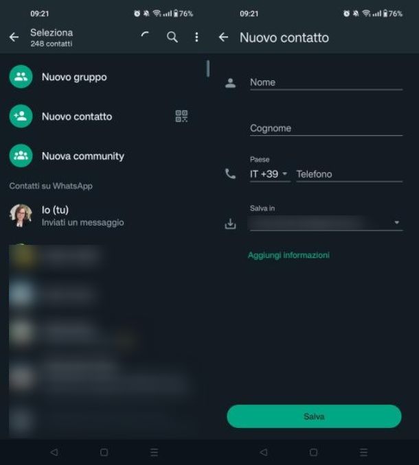 Salvare contatto WhatsApp Android