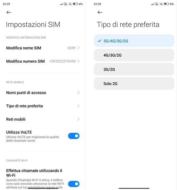 Modificare preferenze 4G/5G