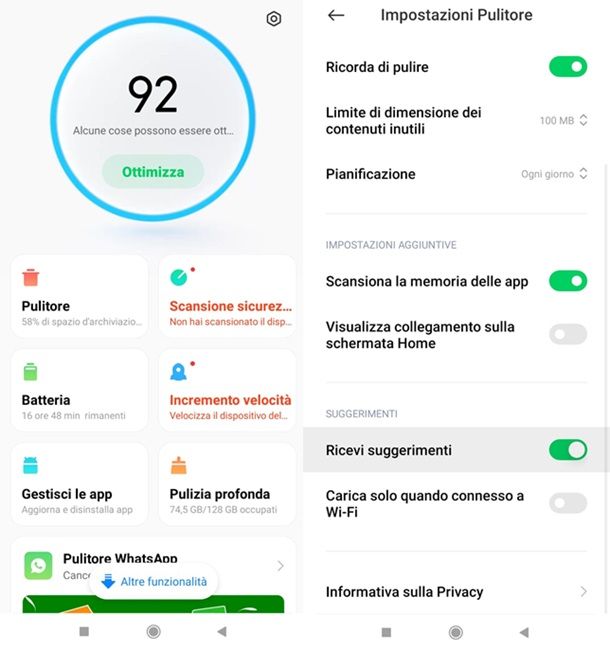 Disattivare le pubblicità in altri contesti Xiaomi Pulitore