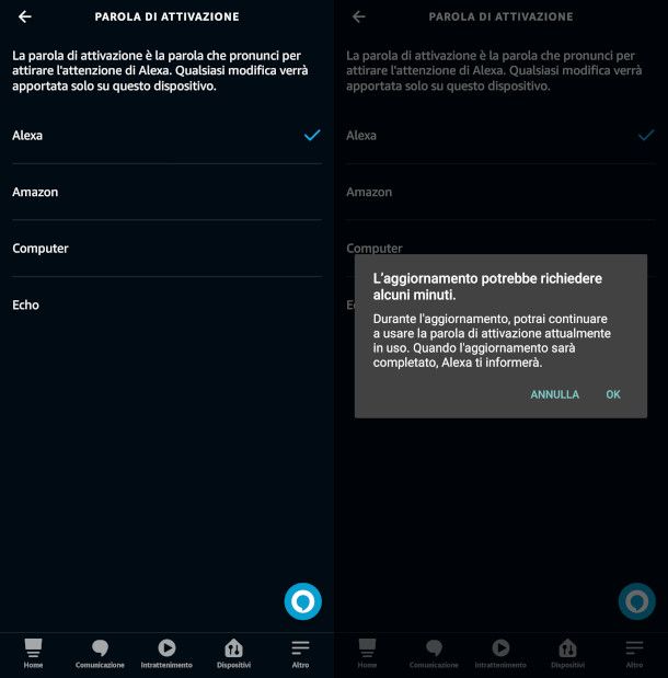 modifica parola di attivazione app Alexa