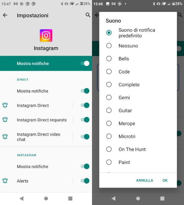 Cambiare suono notifiche Instagram da Android