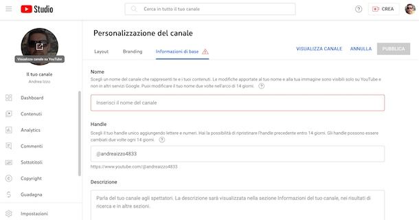 Cambiare nome canale YouTube