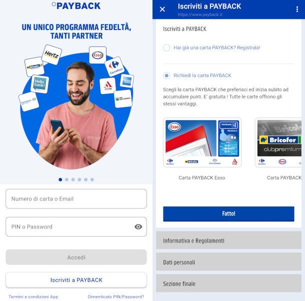 registrazione carta PAYBACK da app