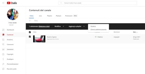 YouTube Studio eliminazione video