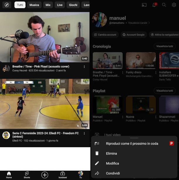 eliminazione video da app YouTube