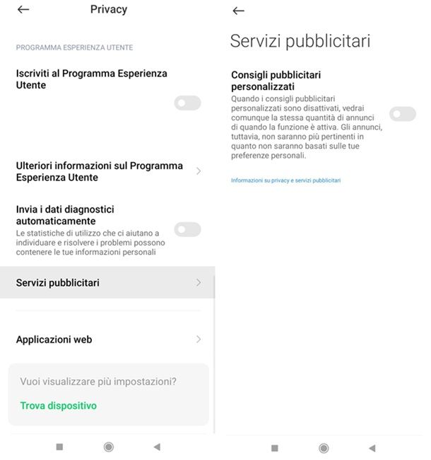 Indicazioni preliminari pubblicità Xiaomi Servizi pubblicitari