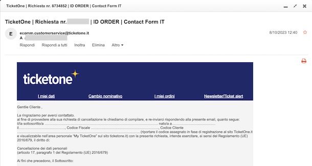 Cancellare account TicketOne