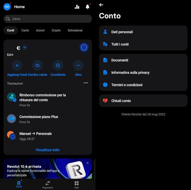 chiusura conto Revolut Personale da app