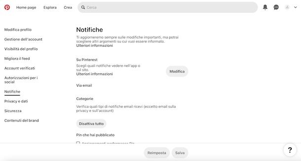 Modificare impostazioni email da Pinterest