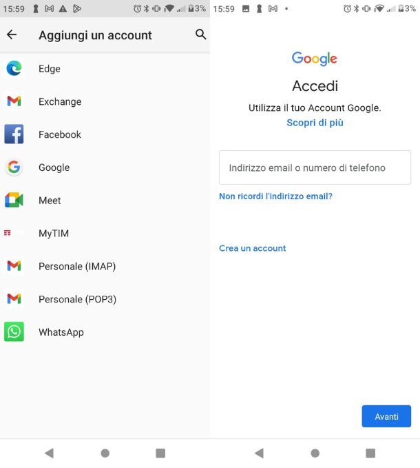 Impostare nuovo account Google su Android