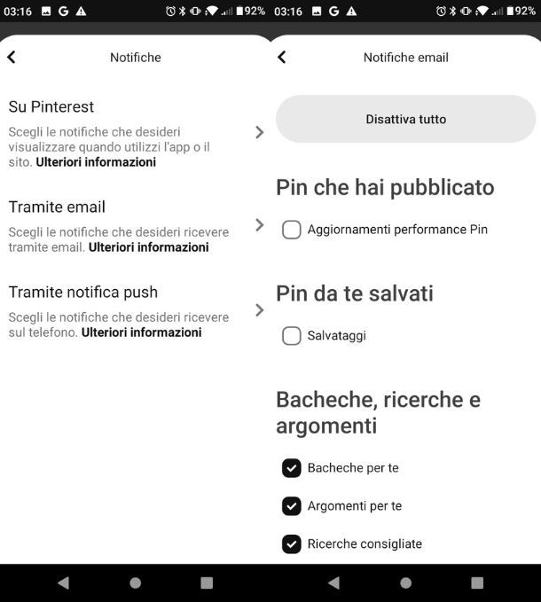 Modificare impostazioni email da app Pinterest Android