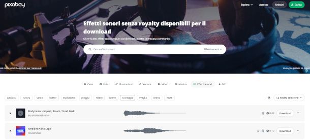 sezione effetti sonori sito Pixabay