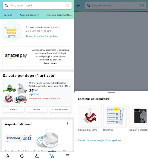 Recuperare carrello Amazon da app