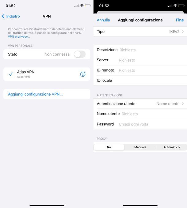 Impostazione manuale VPN iOS