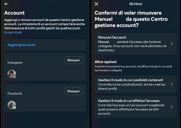 scollegare account Facebook e Instagram da app