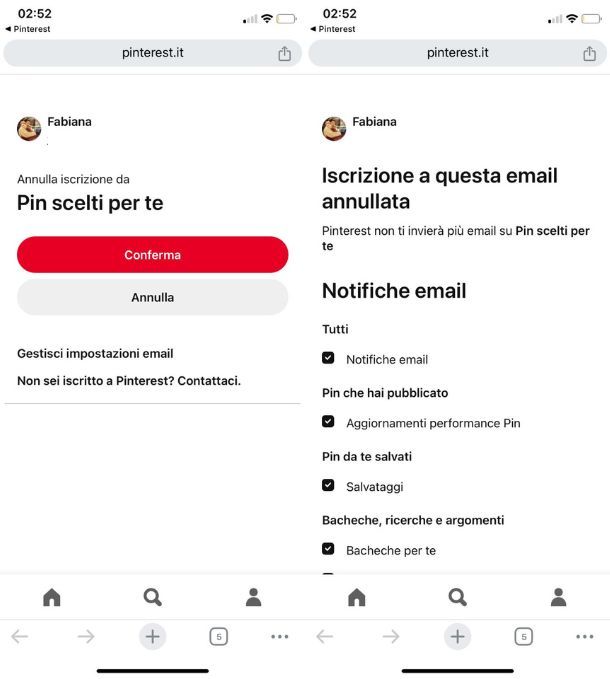 Rimuovere Pinterest da email iPhone