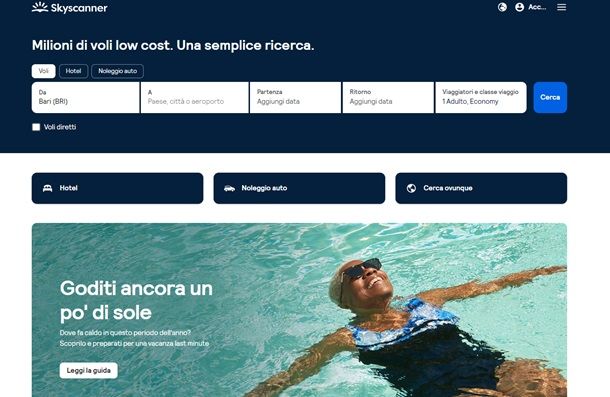 Home page del sito Skyscanner