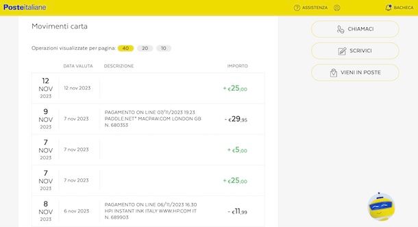 Elenco dei Movimenti Postepay da sito Web