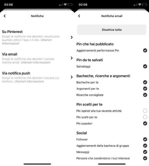 Modificare impostazione email app Pinterest iPhone