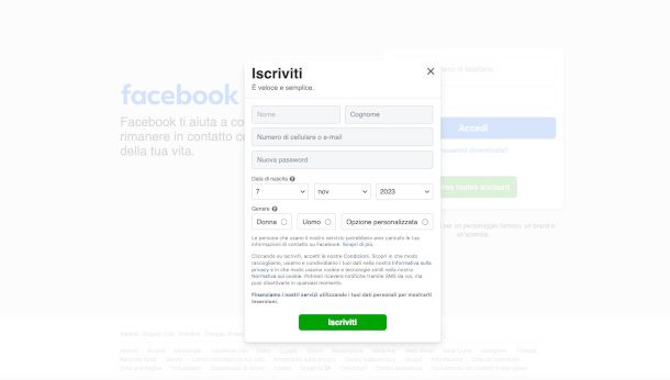 Registrazione a Facebook da sito