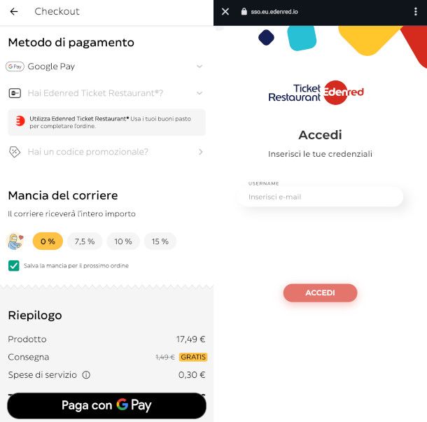 impostazione metodo di pagamento Ticket Restaurant appa Glovo