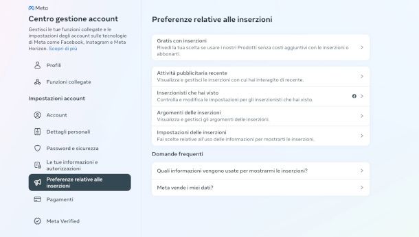 modifica piano Facebook da centro gestione account su sito