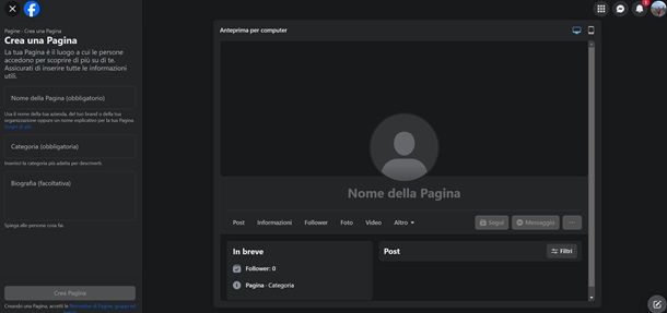 creare pagina facebook