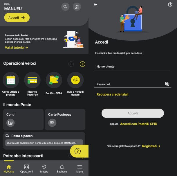 schermate app Poste Italiane