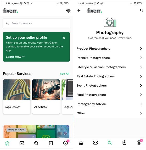 App per professionisti Fiverr